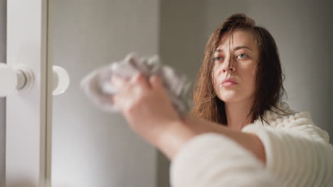 serious woman wipes mirror after bath procedures in toilet. brunette lady wipes foggy shower mirror with glowing lights in spacious bathroom