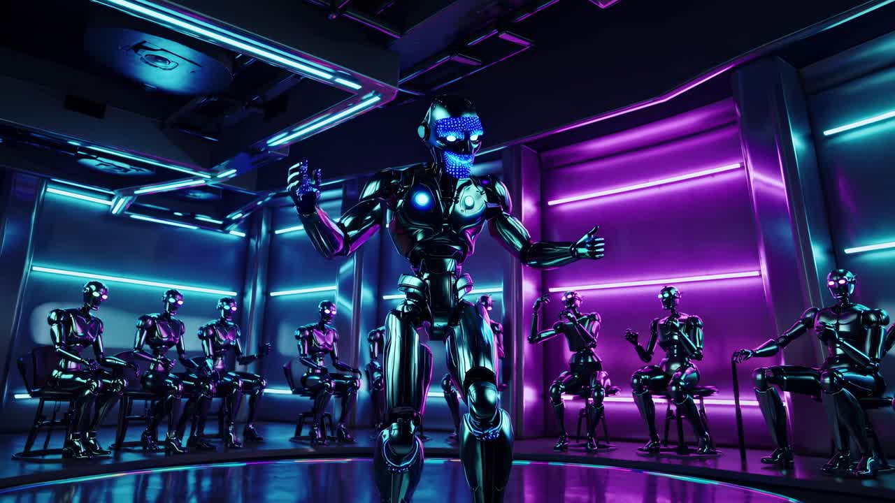 robot humanoide metálico realizando una rutina de comedia de pie, entregando bromas a la audiencia robótica sentada bajo luces de neón vibrantes en un lugar de entretenimiento futurista