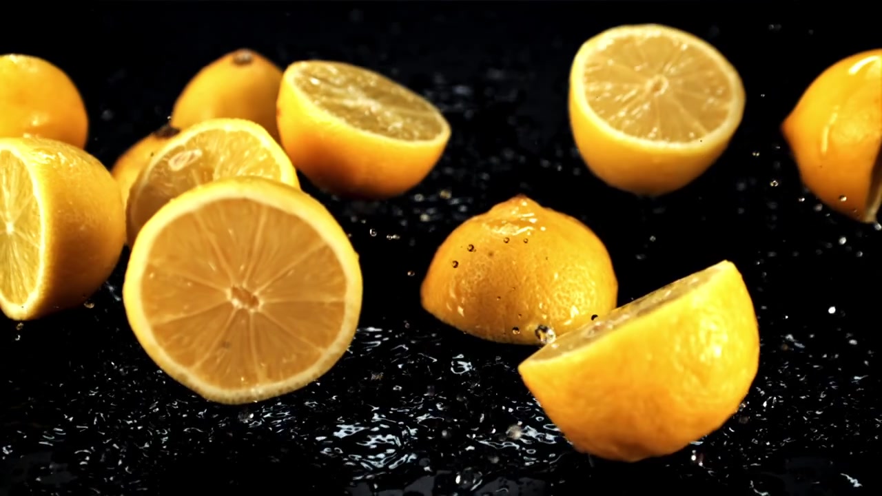 Limoni freschi e fette che cadono nell'acqua su sfondo nero.