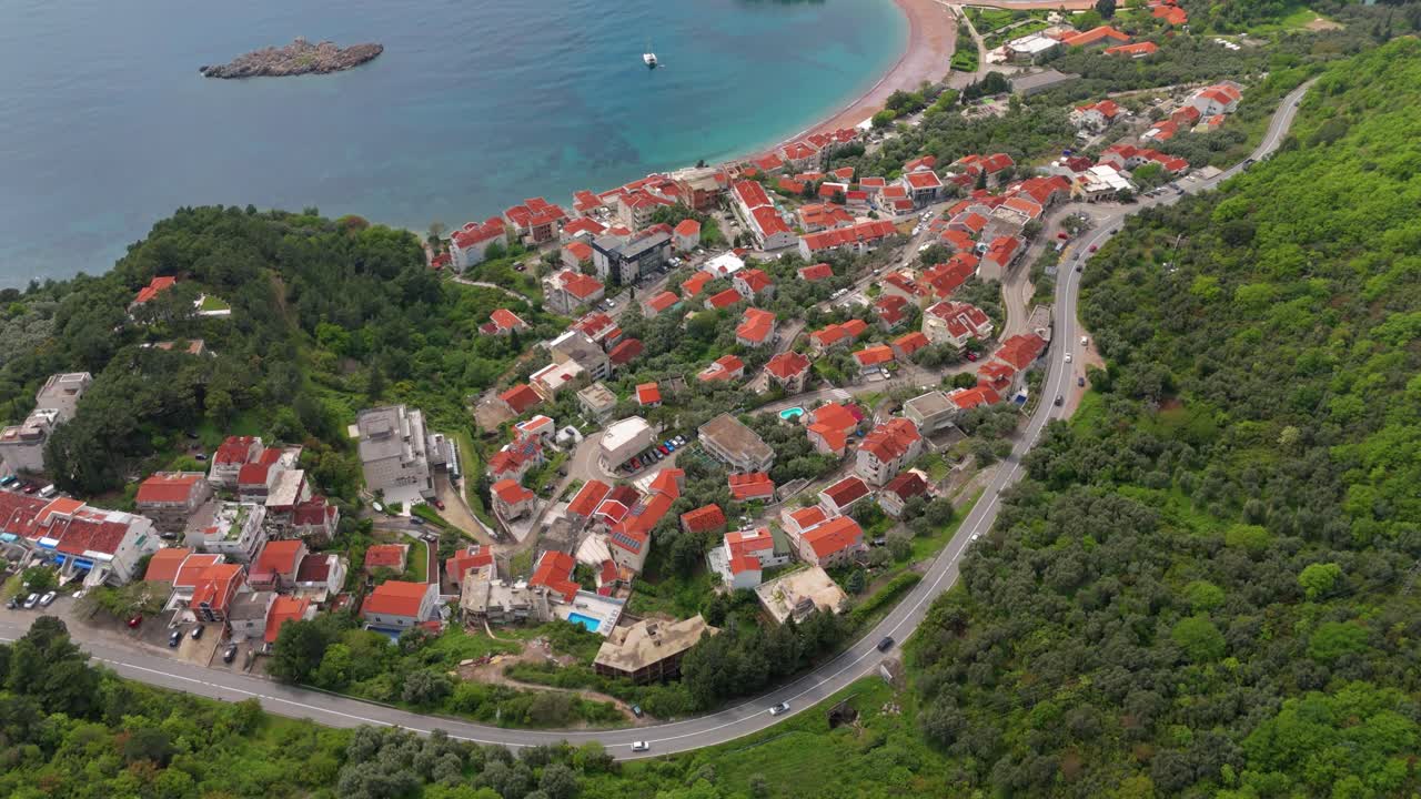 Top View of Sveti Stefan Stari Grad Montenegro Surrounded by Clear Blue Sea in the Balkans