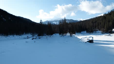 Aerial-view-of-white-snowy-forest-field-in-Caumasee-Switzerland,-circle-pan