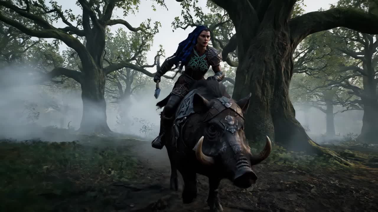Woman Warrior Riding Armored Boar in Misty Forest
