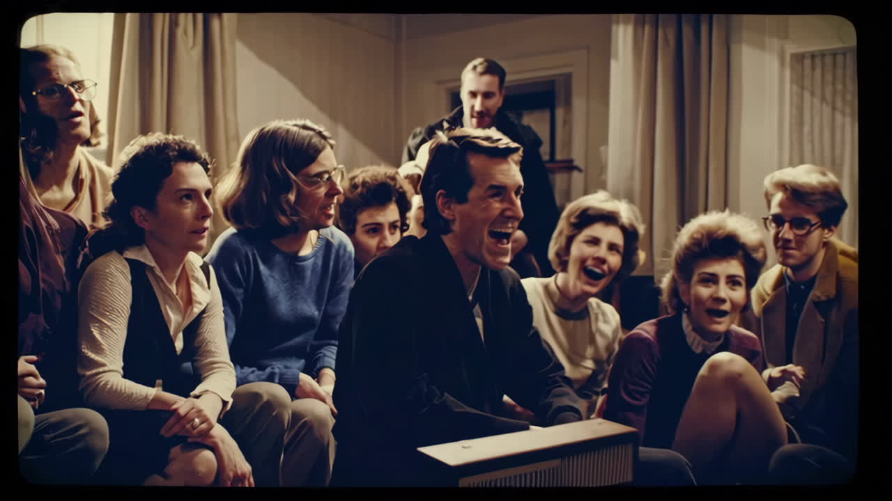 People Watching TV in Retro Living Room