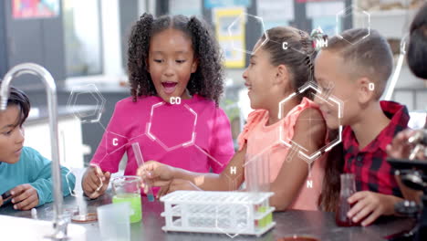 estructuras químicas y elementos sobre niños que llevan a cabo experimentos científicos en el aula