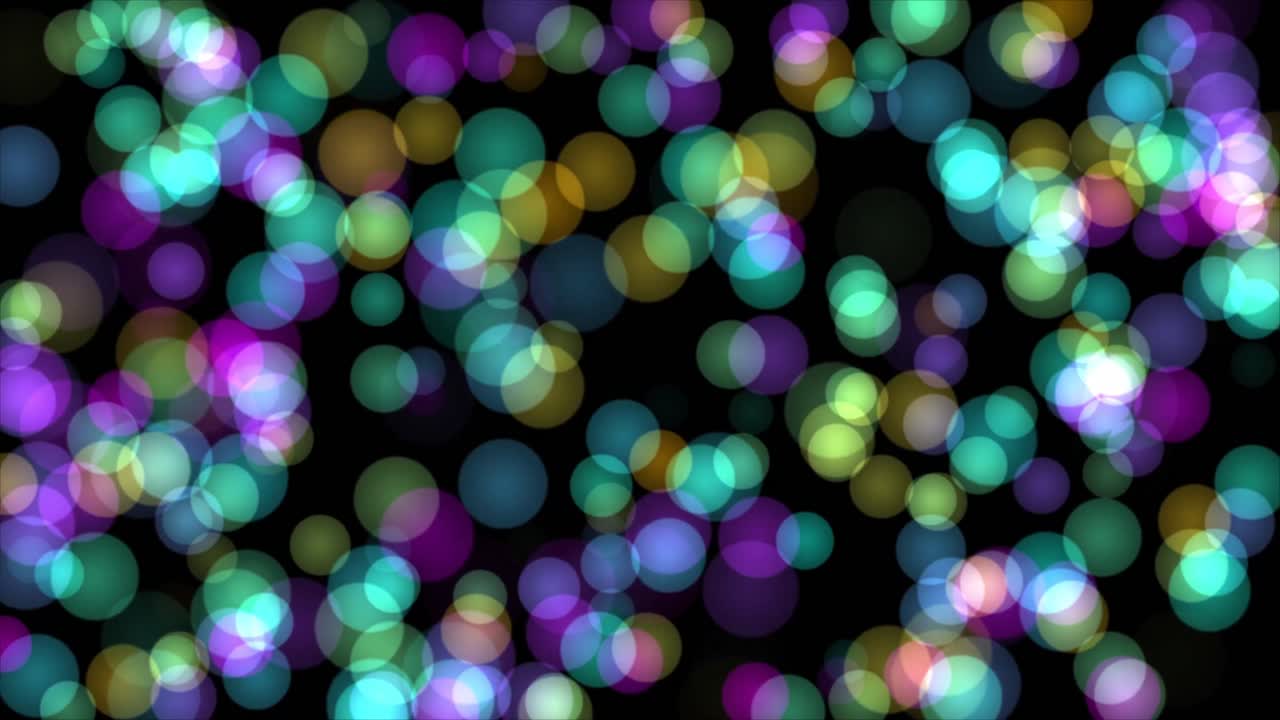 Animazione astratta di cerchi bokeh vivaci che fluttuano su sfondo nero.