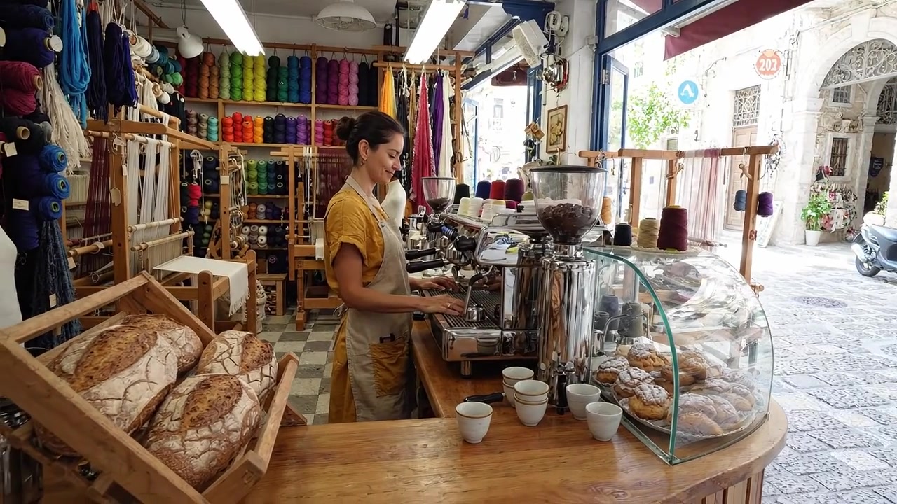 Suasana Kafe Artisan yang Menawan Menampilkan Barista yang Menyiapkan Kopi di Toko Benang dan Roti Berwarna-warni dengan Kue-kue yang Dipajang di Meja Kayu yang Indah