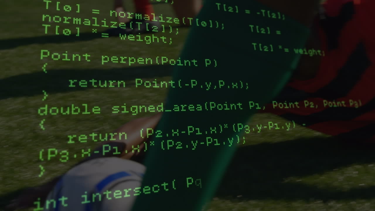 Data processing against low section of male soccer player playing football on sports field