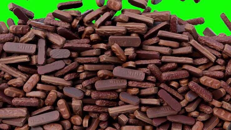 Chocolates falling down from above and filling the screen. Sweets green screen background pattern texture.