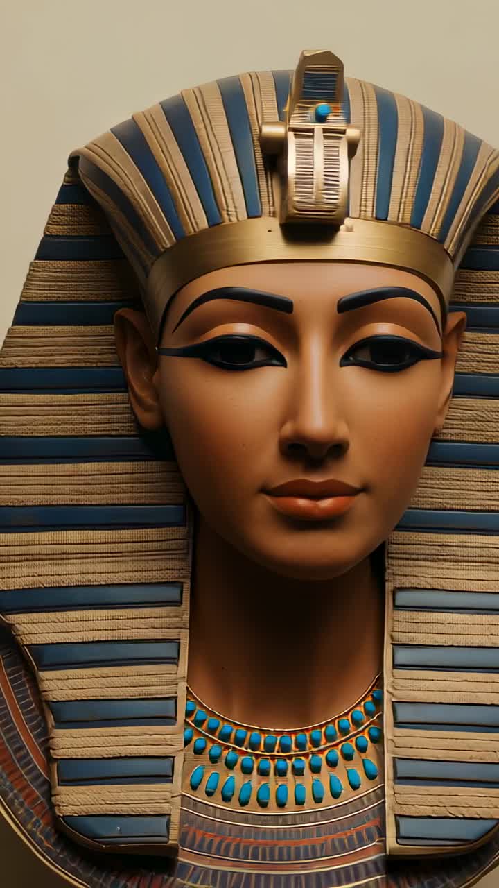 Vertical video: At start closeup bust rotating in studio, showing striped headdress, cobra ornament