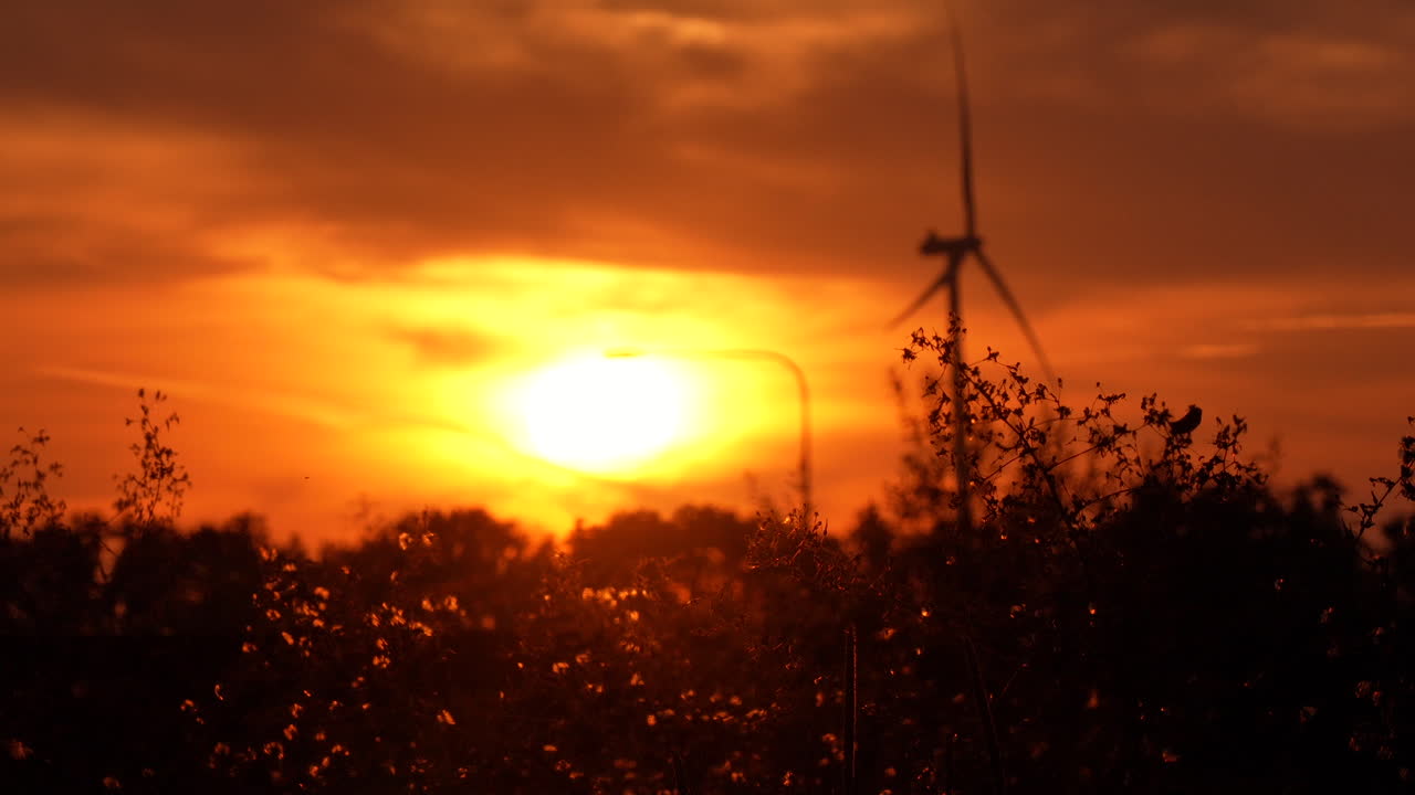 활기찬 오렌지색 하늘을 배경으로 외로운 풍력 터빈 실루과 함께 불타는 일몰