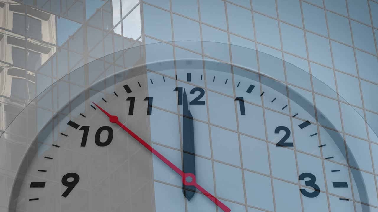 On start red hand rotating clockwise across clock face, showing time passing over static glass wall