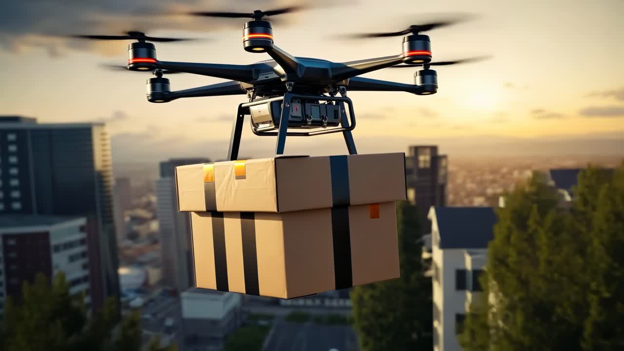 Video aereo di un drone che consegna un pacco su uno skyline al tramonto, mostrando moderno