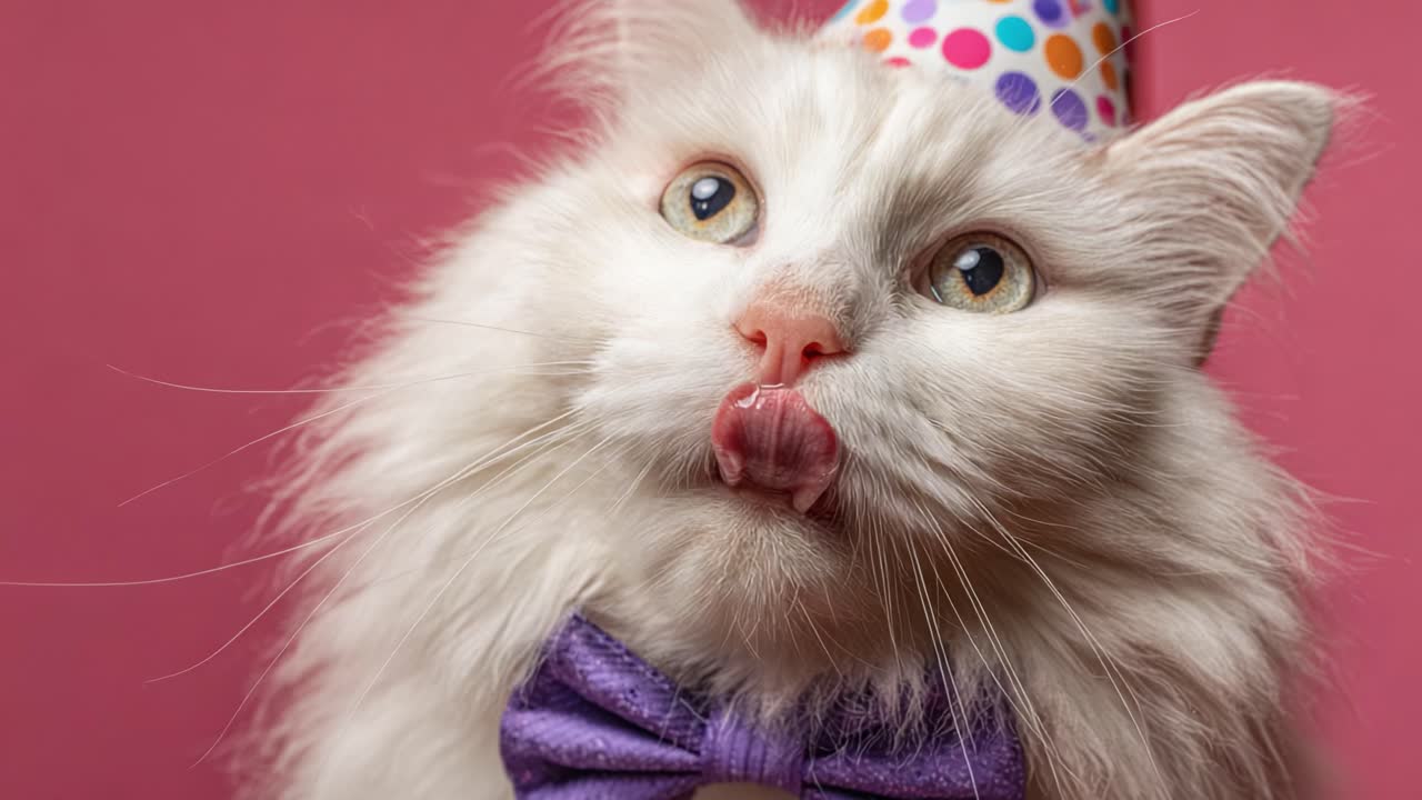 A Playful Cat in a Party Hat: Celebrating with a Silly Expression and Colorful Accessories, Captured in a Cheerful and Vibrant Setting