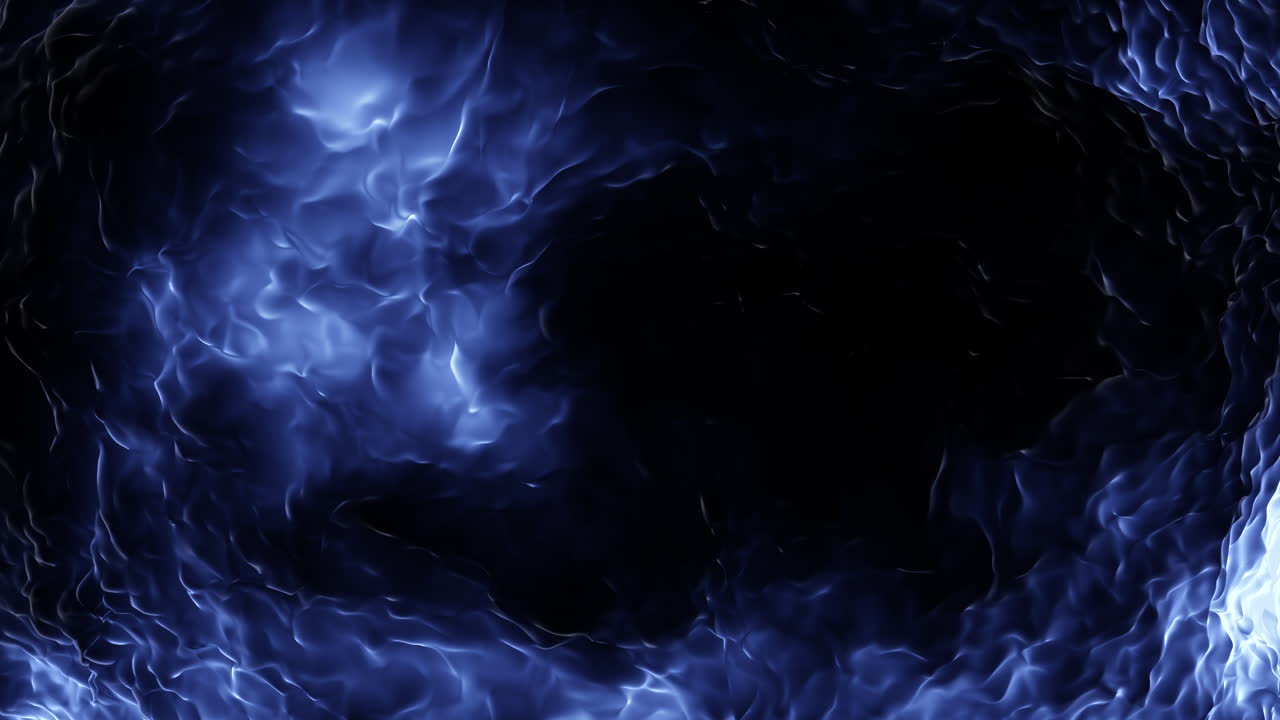 A dynamic abstract art piece combining blue and black hues to form swirling patterns. The artwork exudes a sense of movement and chaos, with a central focus on vibrant blue swirls against dark