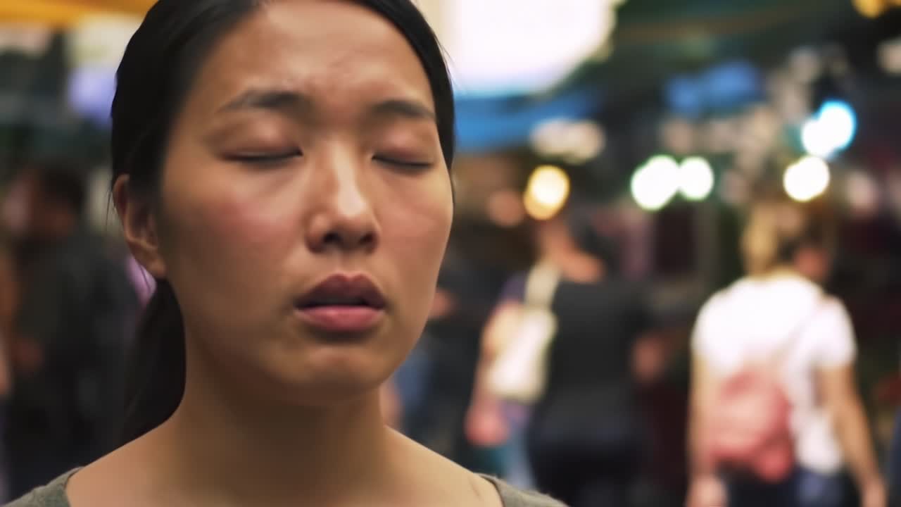 A Moment of Serenity: A Close-Up of a Woman in Contemplative Stillness Amidst a Lively Marketplace, Emphasizing Inner Calm in a Chaotic Environment