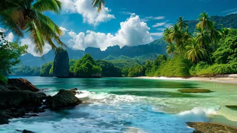 a tropical beach with palm trees and rocks in the foreground