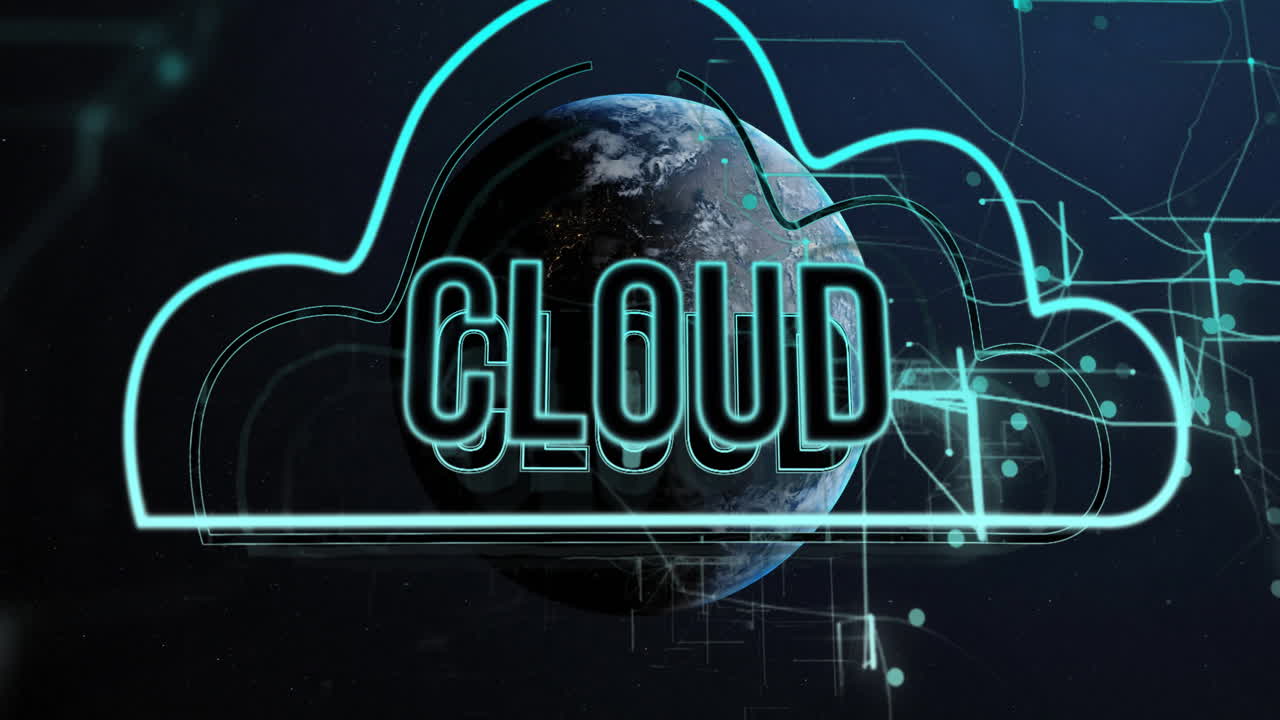 Earth with CLOUD text and digital lines, data processing animation