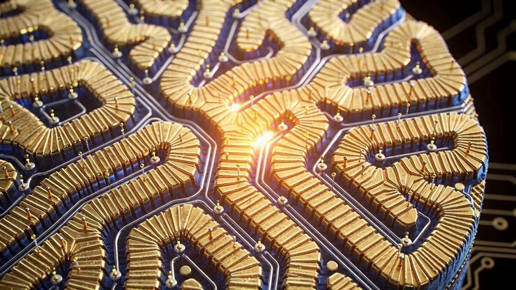 Appearing bright point traveling along brain disc in macro, showing signal flow on gold traces