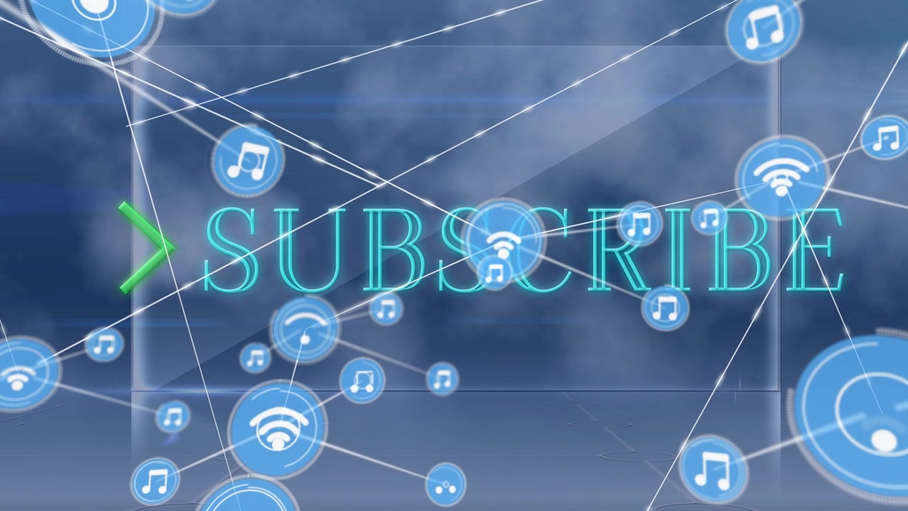 Animazione di una rete di connessioni con icone sopra il testo "iscriviti" su sfondo grigio.
