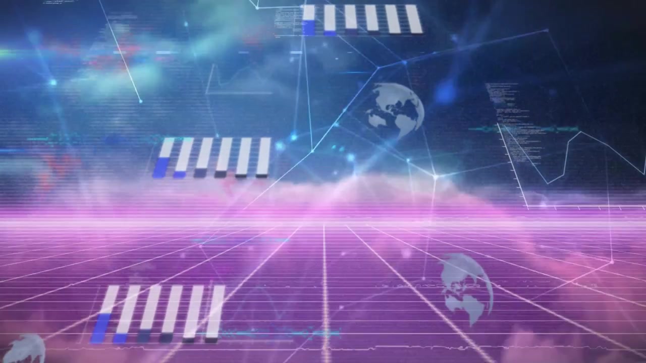 Uno schermo rivela una rete a griglia al neon che si forma verso un orizzonte luminoso, grafici scorrono, e un globo svanisce rivelando dati.