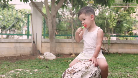 Video-En-Cámara-Lenta-De-Un-Apuesto-Niño-Asiático-Con-Ropa-De-Verano-Sentado-En-Una-Roca-En-El-Patio-Trasero-Mientras-Come-Un-Helado-De-Paleta-De-Sandía