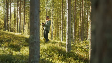 hombre perdido en el bosque de pinos usando el teléfono móvil para buscar cobertura