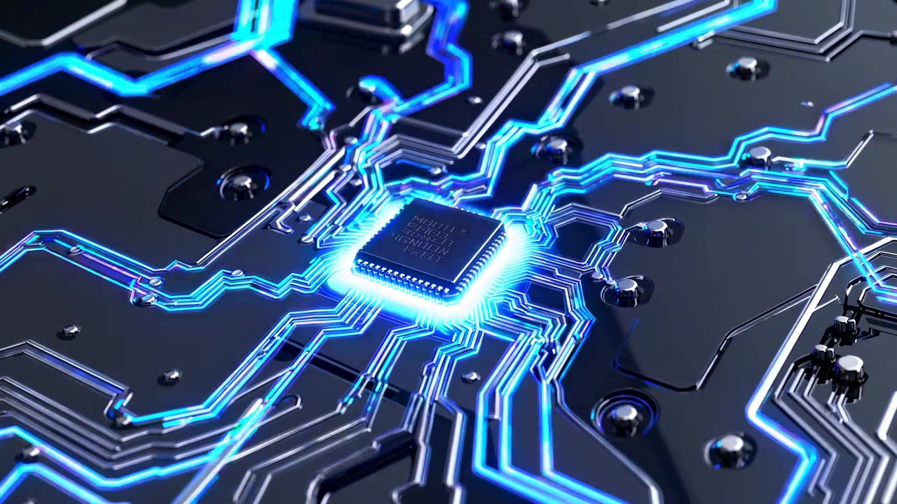 Glowing Computer Chip on Circuit Board with Blue Digital Data Flow