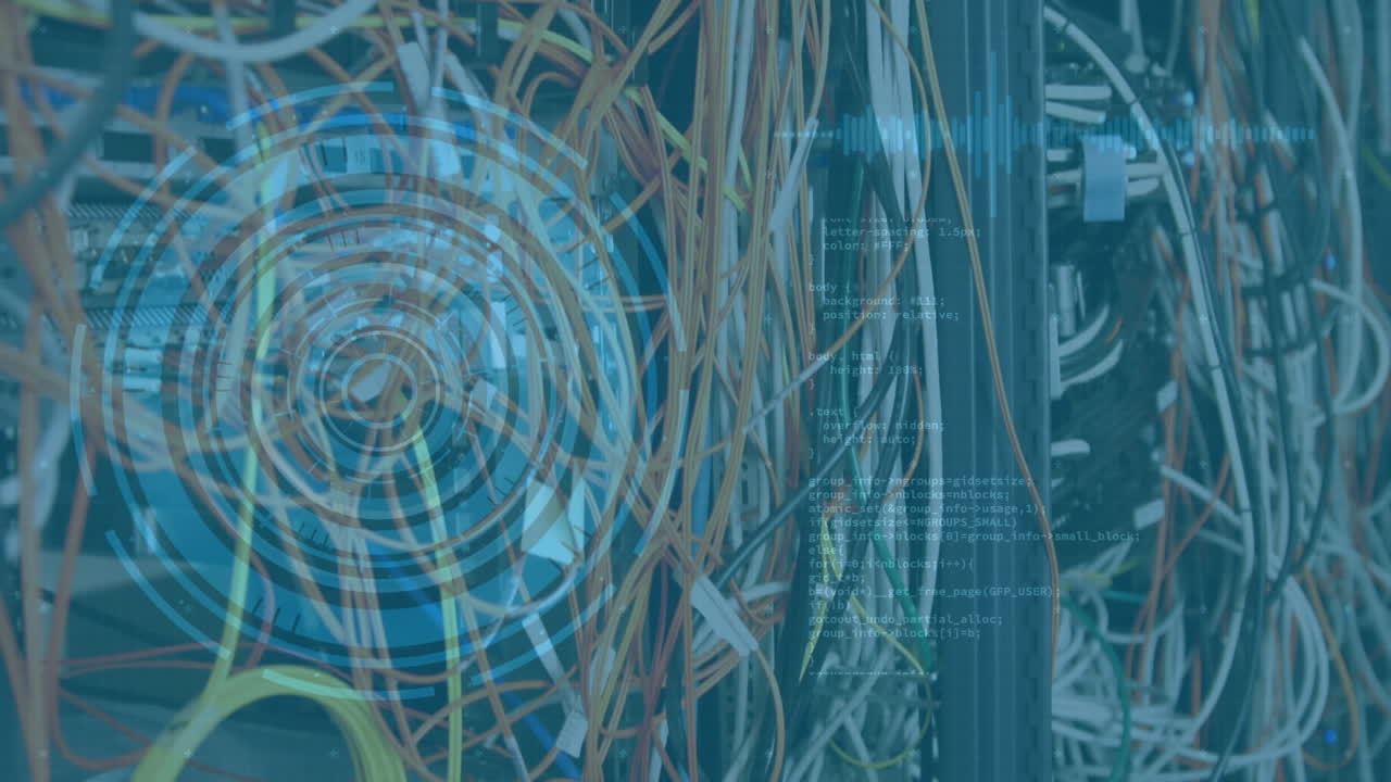animación del escaneo del alcance y el procesamiento de datos a través de cables en el servidor informático