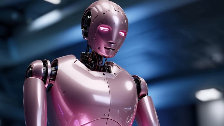 Robot rosa futuristico che medita e si alza in un ambiente moderno