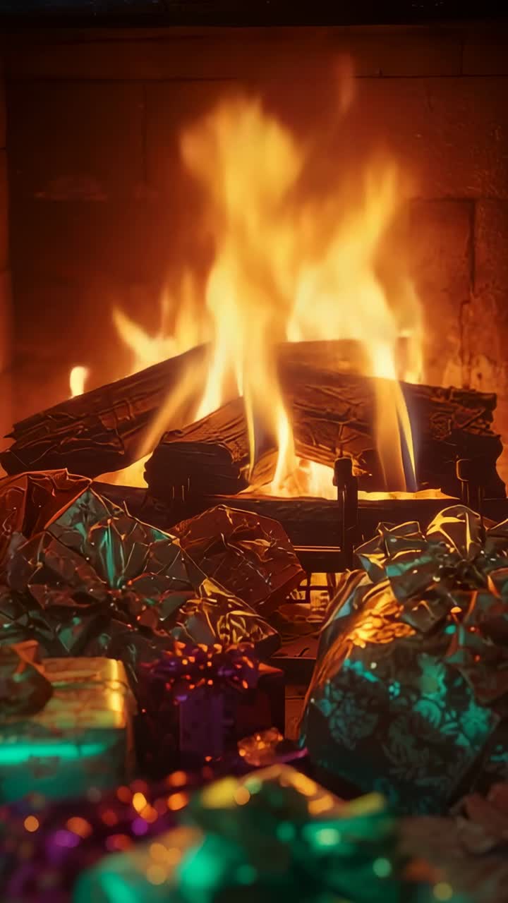 Vertical video: Sparking brick flames dancing over logs on grate, presents glinting under firelight
