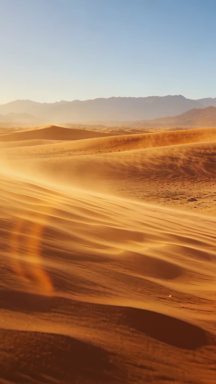 Video verticale: Vento che solleva e sposta la sabbia ondulata delle dune attraverso il deserto al tramonto, con bagliore dell'obiettivo.