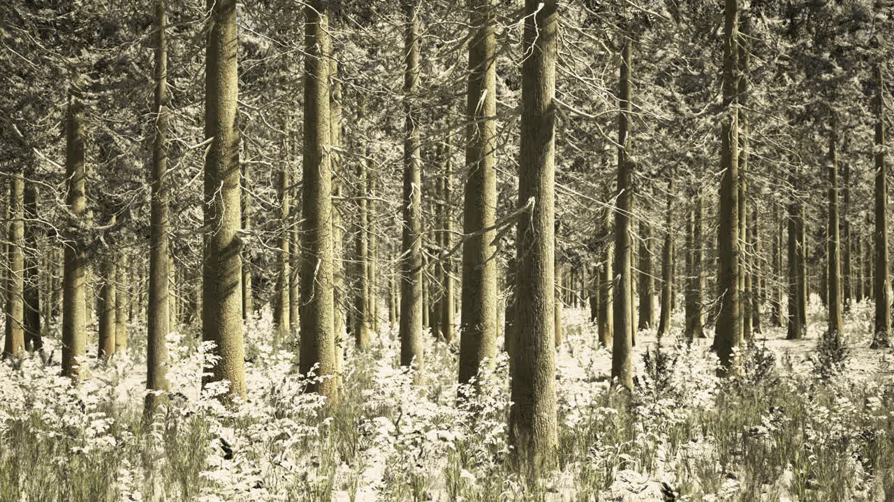 Snow covered forest landscape with tall trees and a serene atmosphere