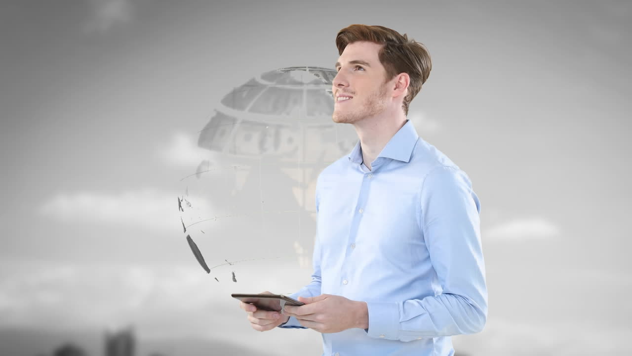 animación del globo formado con billetes de dólares estadounidenses sobre un hombre de negocios caucásico con una tableta