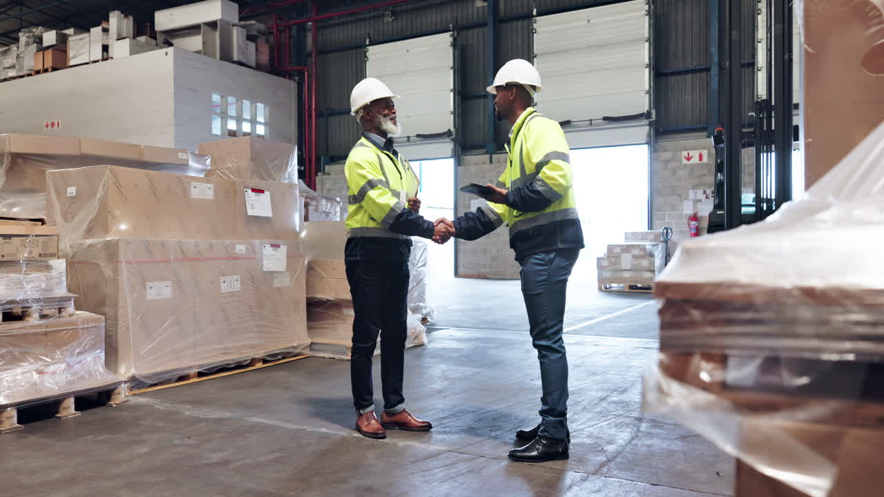 dos hombres con cascos apretando las manos en un almacén