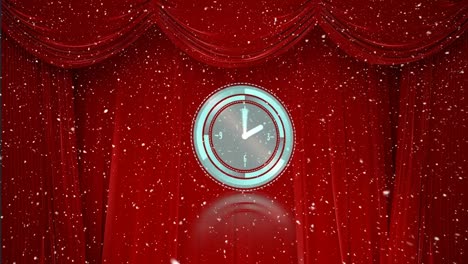 animation of snow falling and moving clock over red curtain