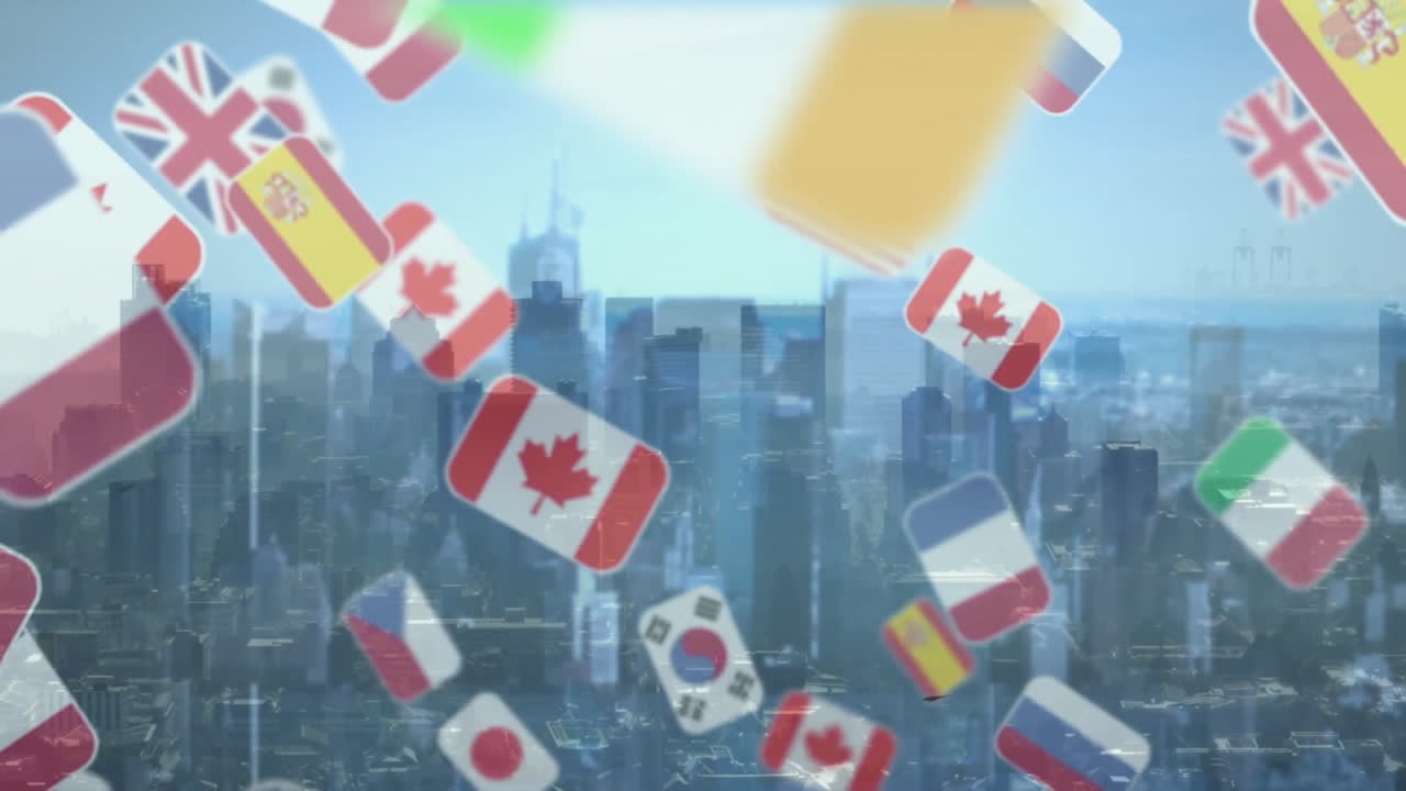 Flags of various countries animation over city skyline
