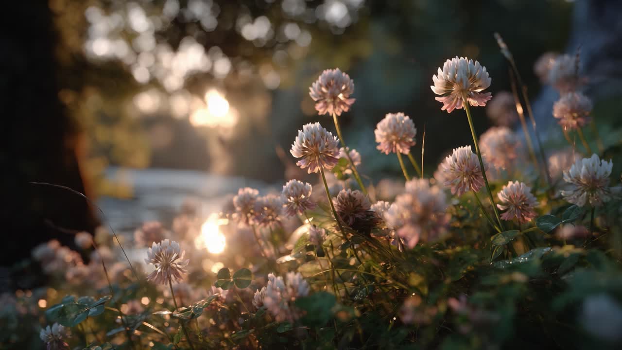 A Serene Sunset Scene Featuring Delicate Clusters of Clover Flowers Bathed in Warm Natural Light, Evoking a Sense of Peace and Beauty in Nature