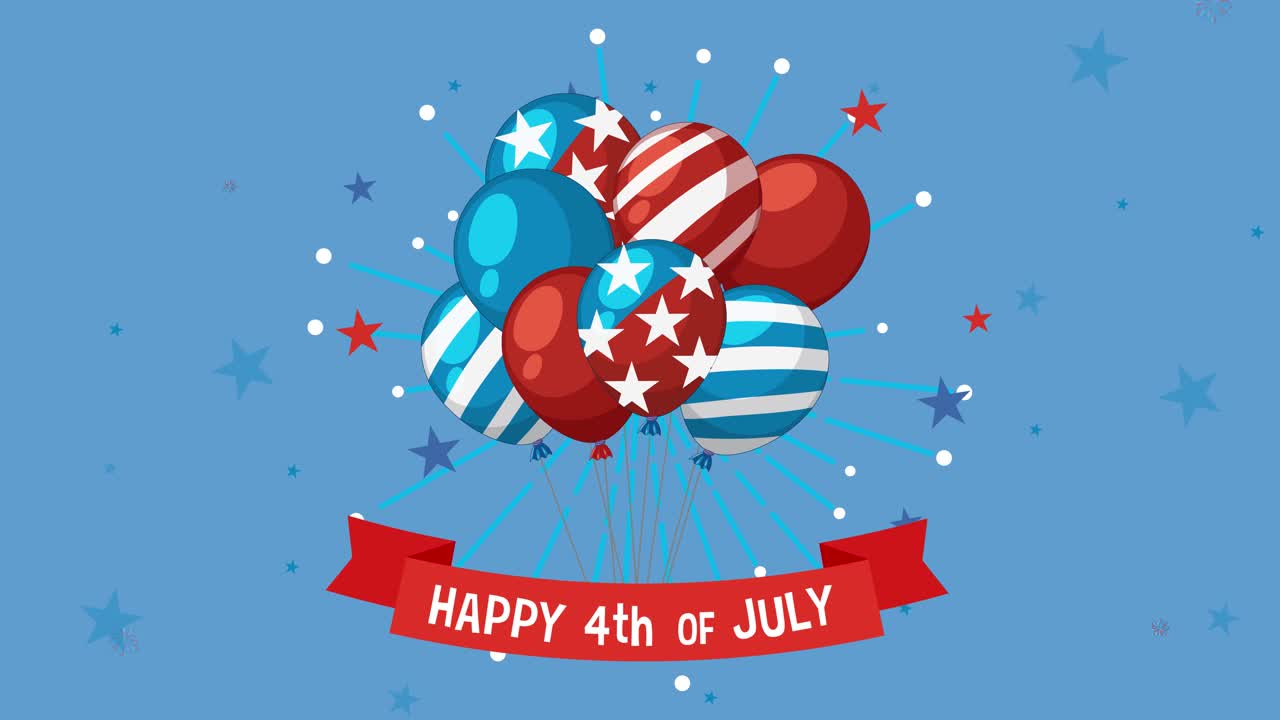 Patriotic animation with red, white, and blue balloons, fireworks, and a celebratory banner on a blue background