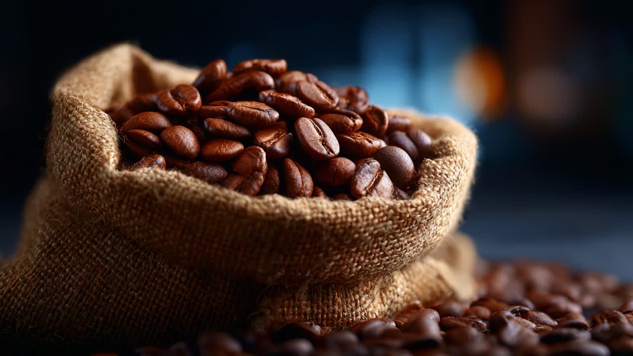 Primo piano di chicchi di caffè appena tostati in un sacco di iuta, che esprime un aroma ricco e dettagli materici, perfetto per amanti ed esperti di caffè