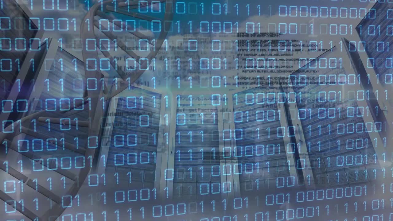 animación de la cadena de adn y procesamiento de datos en la sala del servidor