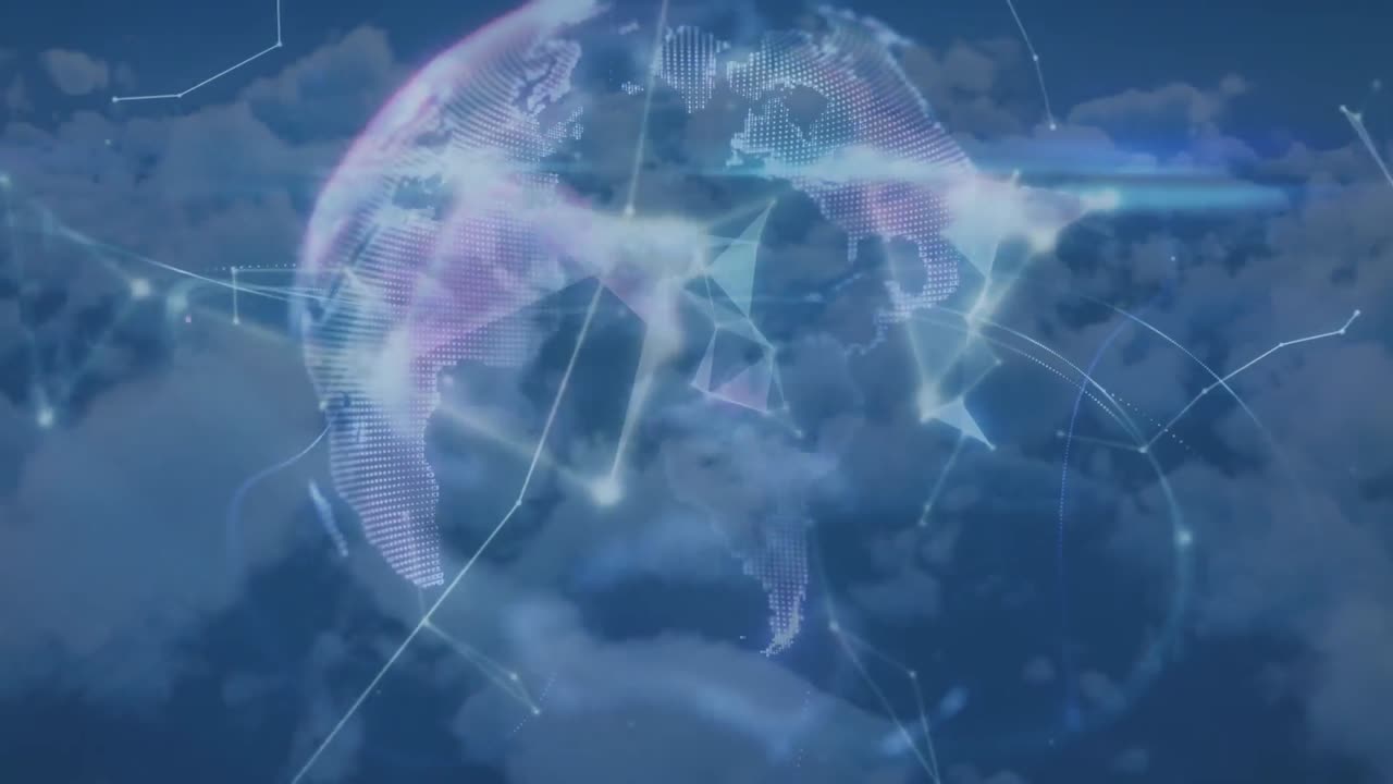 배경에 구름 위의 지구와 연결 네트워크의 애니메이션