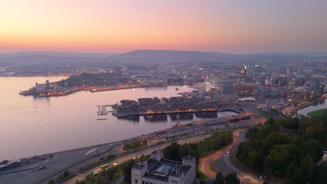 Aerial establisher of Oslo at golden hour, soon after sunset