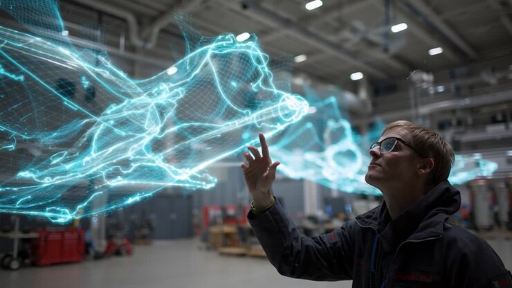 Innovative engineer interacts with holographic display in modern lab