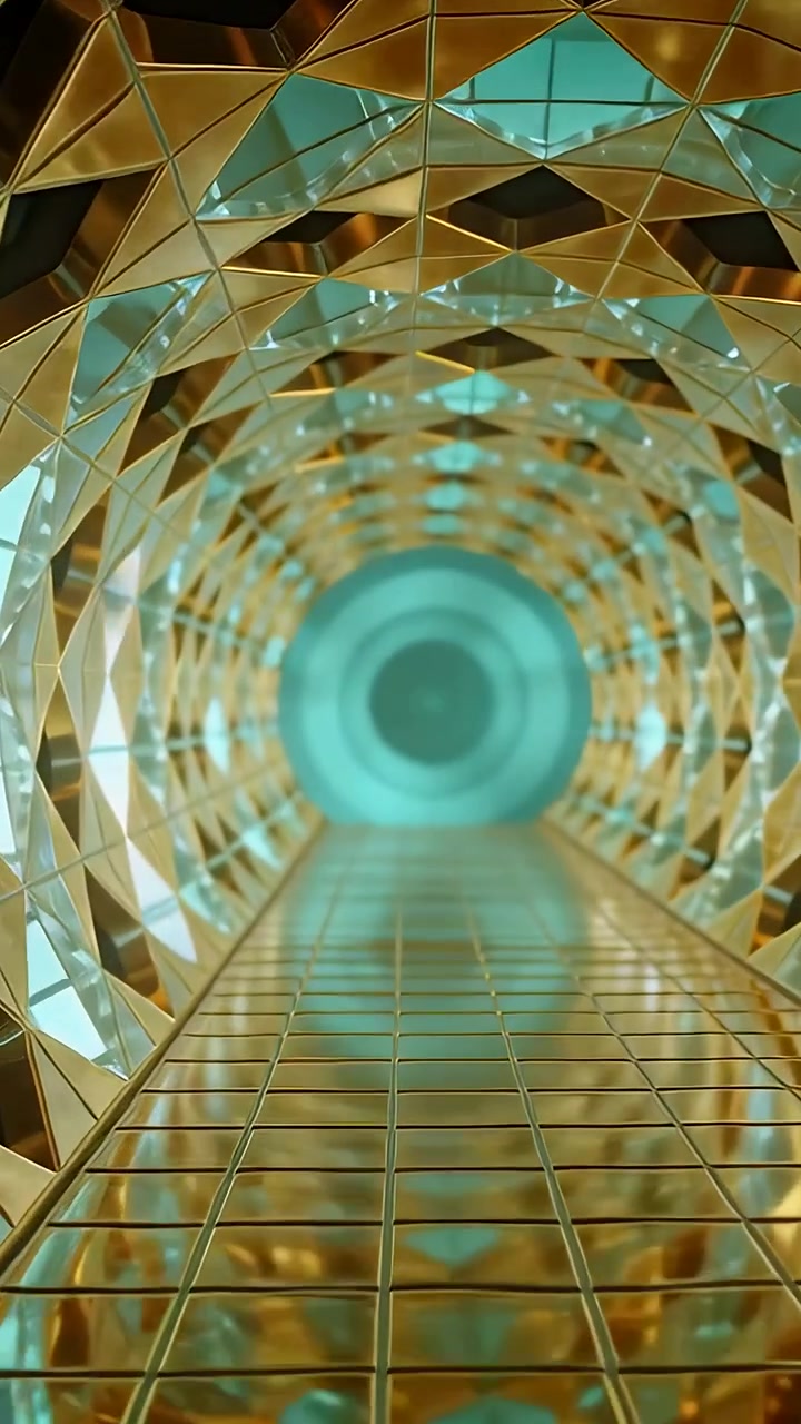 Vertical video: Gliding camera starting forward through gold mirror tunnel revealing turquoise disc