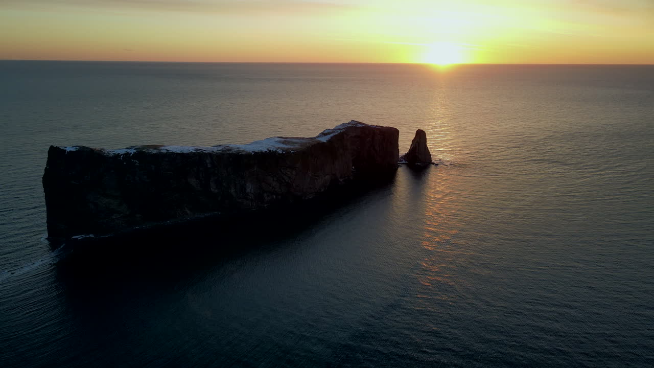Drone view at sunrise of famous perce rock in Percé, Québec, Canada