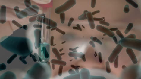 animación de células sanguíneas en primer plano de una científica biracial mirando el líquido en un tubo de ensayo