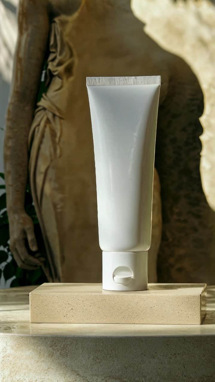 A minimalist video concept featuring a white tube on a stone pedestal