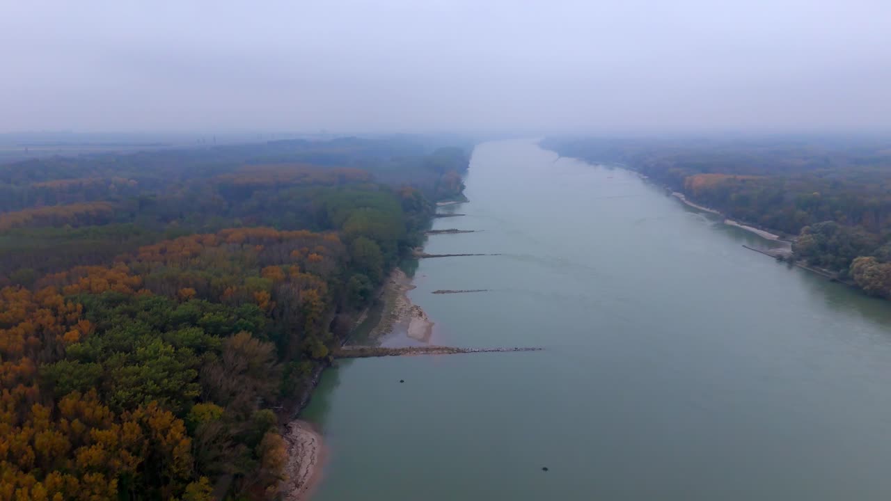 Atmospheric Landscape Of Floodplains Along Danube River During Autumn At Sunrise. Aerial Wide Shot