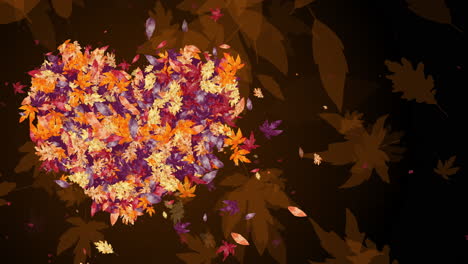 autumn dark background with drawn falling leaves. shape heart made of flying tree leaves. looped animation. copy space.