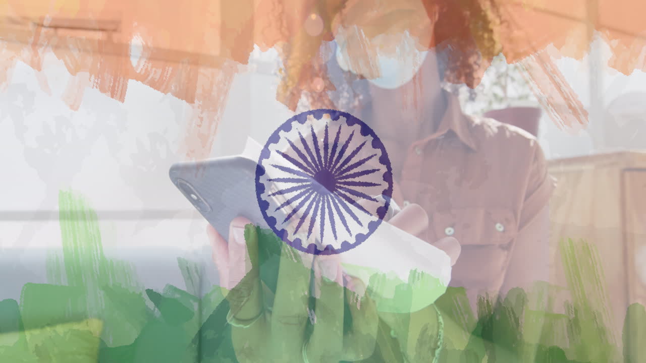 인도 발 위에 사무실에서 얼굴 마스크를 착용 한 여성의 애니메이션